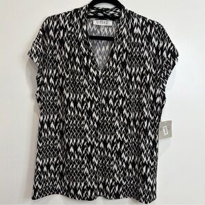 New Kasper Black White Geometric Ruched V-Neck Cap-Sleeve Blouse Size XL